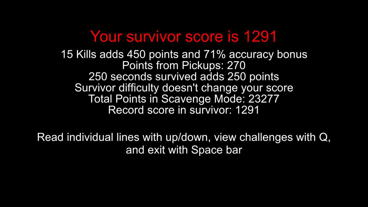 A screenshot of someone's high score in scavange mode, the first line says: Your Survivor score is 1291, followed by other statistics.